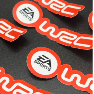 EA Sports WRC custom-cut vinyl stickers displayed on a dark surface